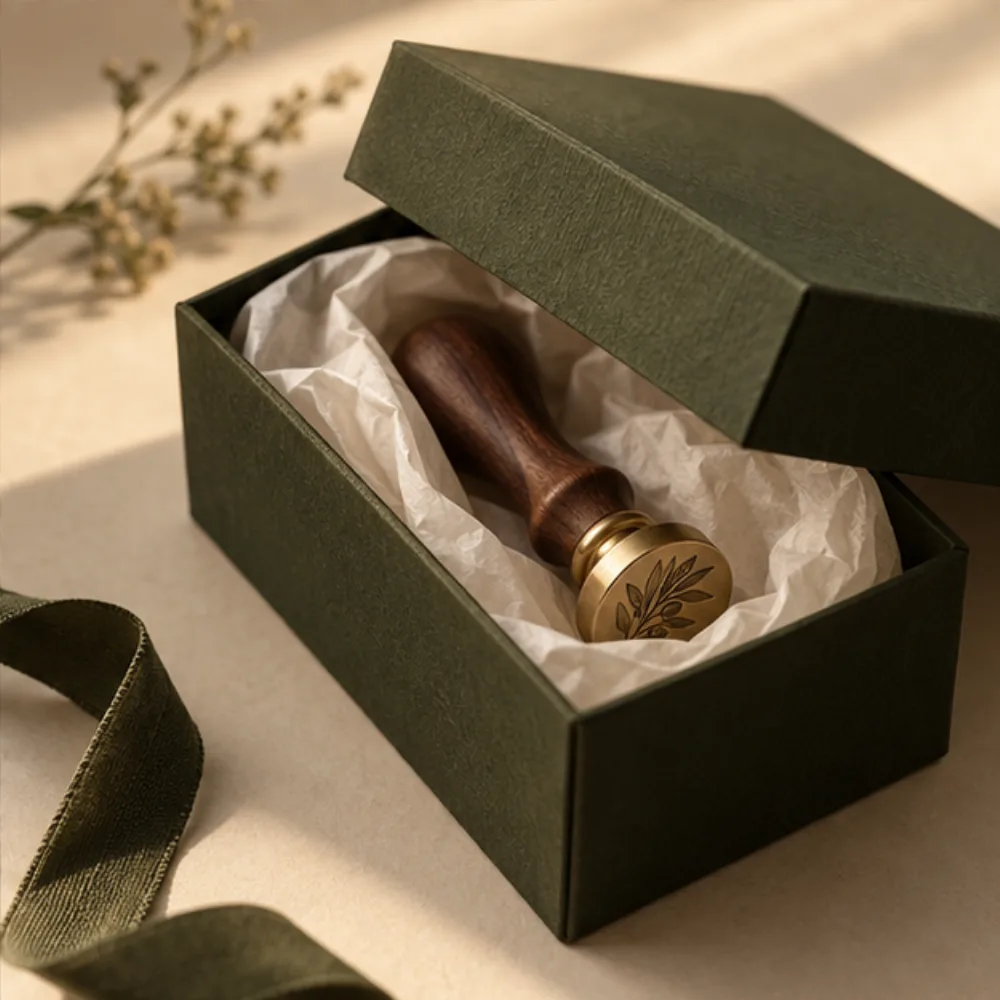 A brass stamp presented in considered gift packaging