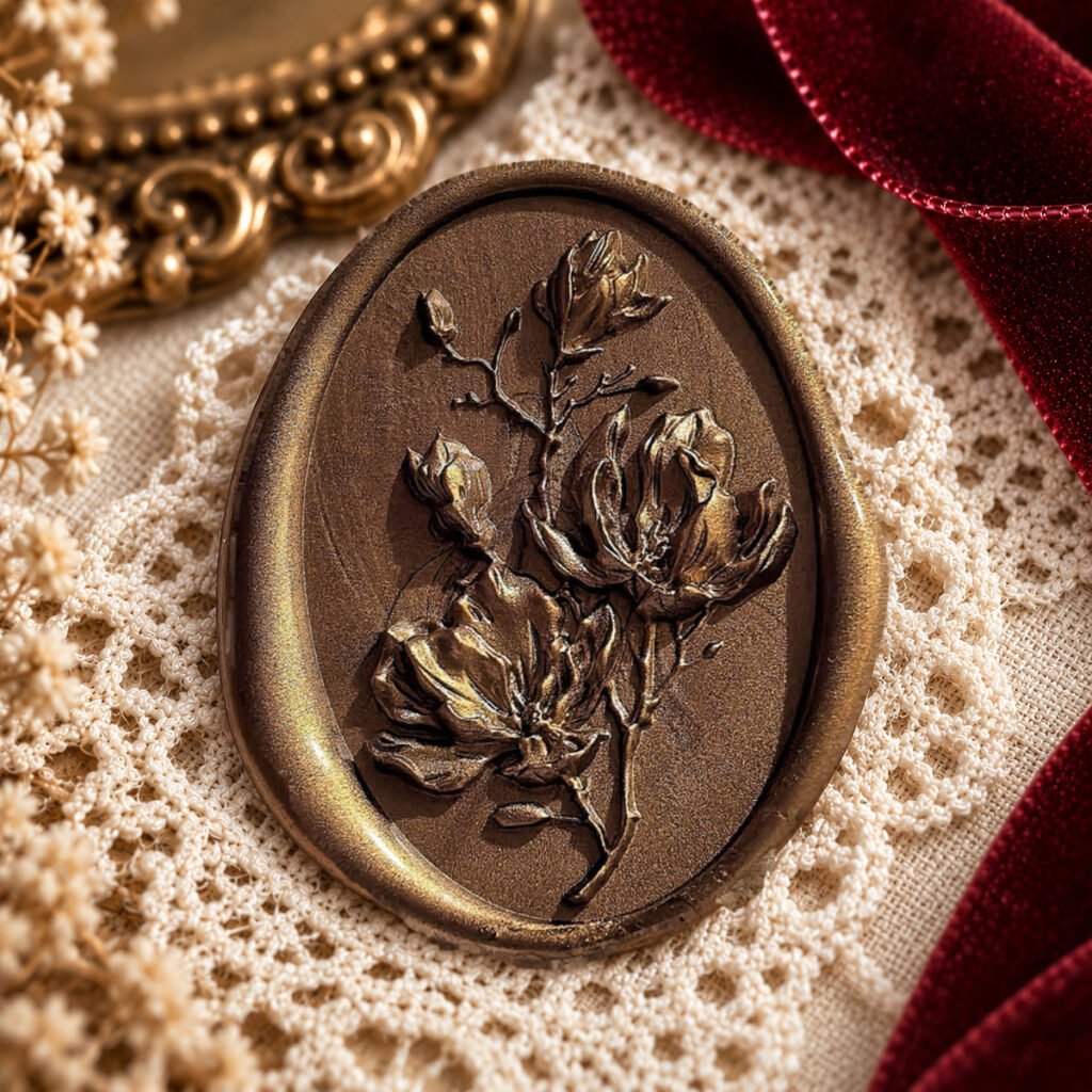 Vintage Magnolia wax seal impression showing magnolia flowers, buds and leaves on a branching stem
