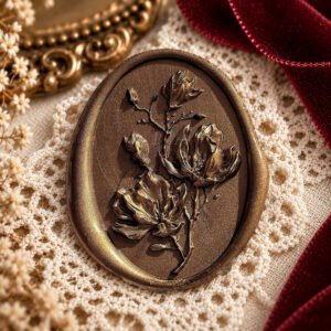 Vintage Magnolia wax seal impression showing magnolia flowers, buds and leaves on a branching stem