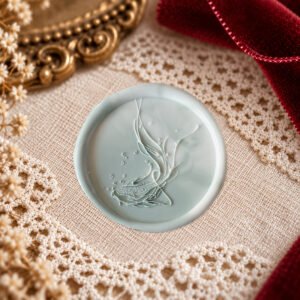 Celestial Whale wax seal impression showing a flowing whale motif with a long curling tail and tiny bubbles.