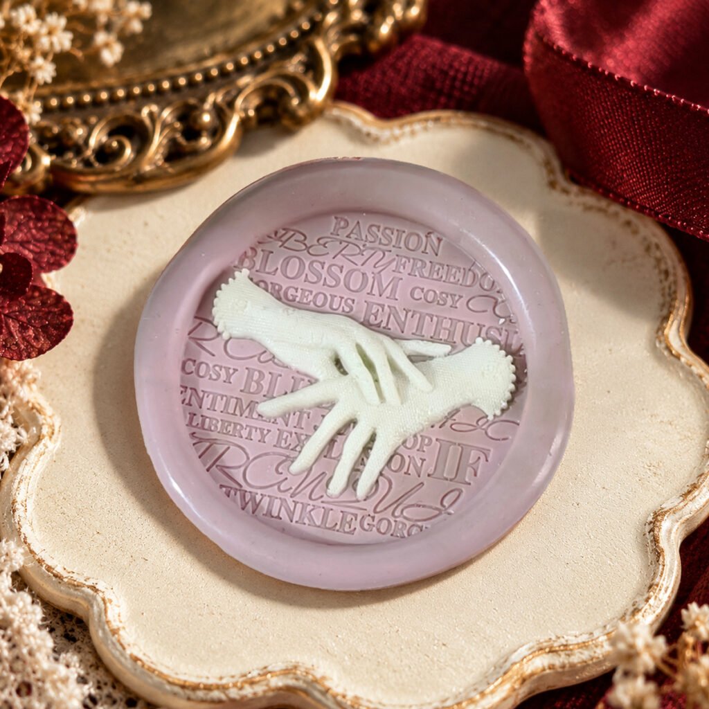 Pale mauve wax impression with raised lace gloves and decorative lettering