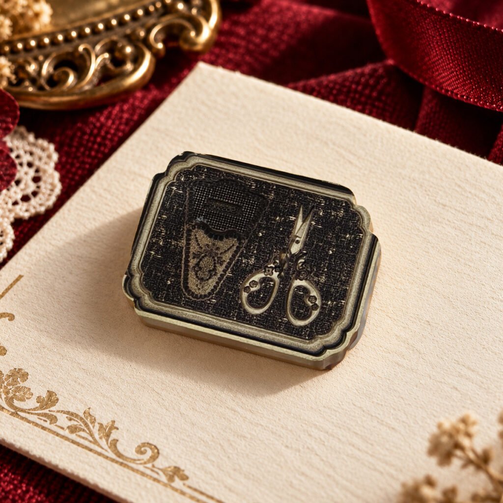 23 by 30mm engraved metal stamp head with scissors and sheath design