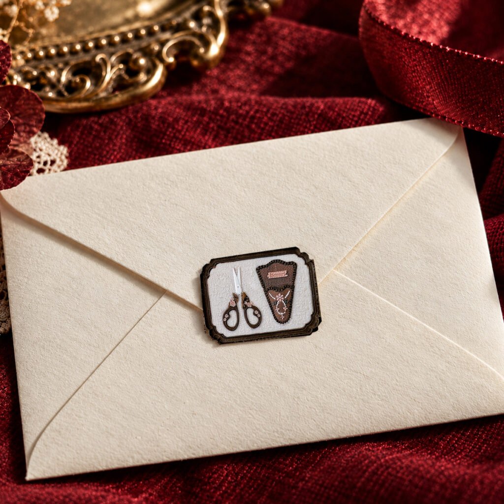 Scissors and sheath wax impression composited on an ivory envelope